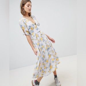 Free People Love of my Life Yellow Floral Print Midi Dress Women’s Size Large